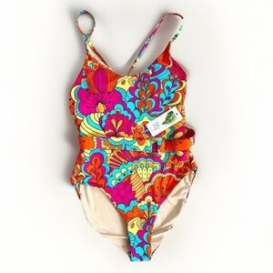Palms Away Belted One Piece Swimsuit Vibrant Abstract Floral Print Size XS